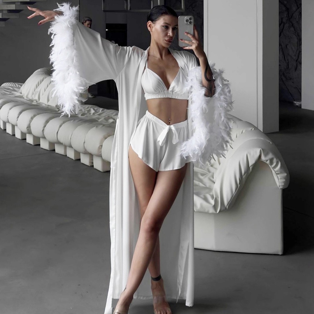 Bathrobe - Three Set Feather Trim Robe European