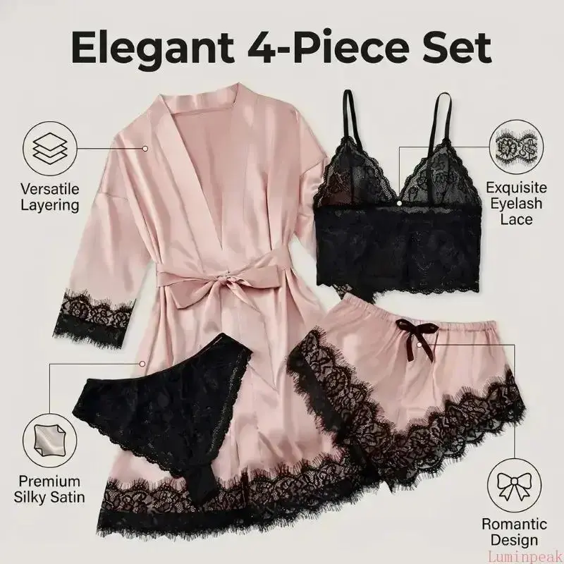 Women's 4-Piece Satin Pajama S - Bathrobe recension och pris